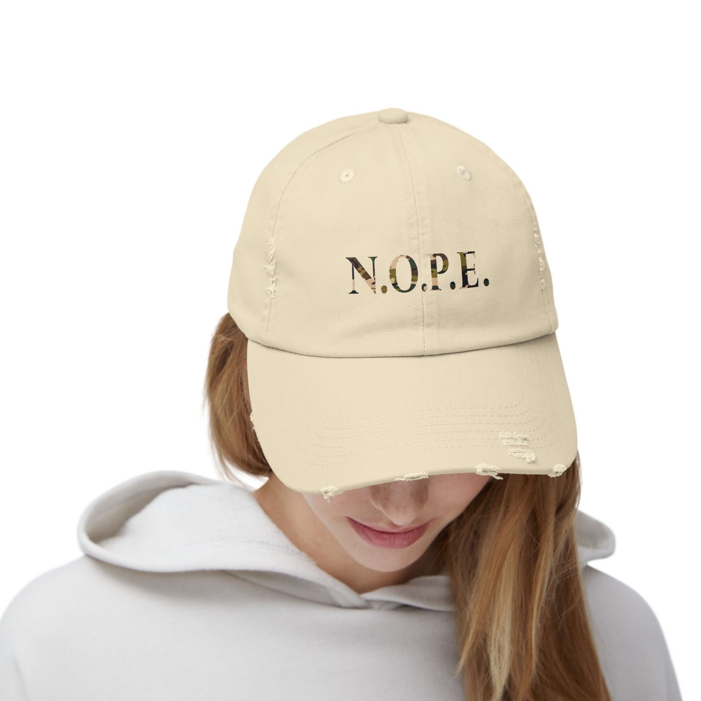 Unisex Distressed Cap with 'N.O.P.E.' Design - Casual Cool for Everyday Wear